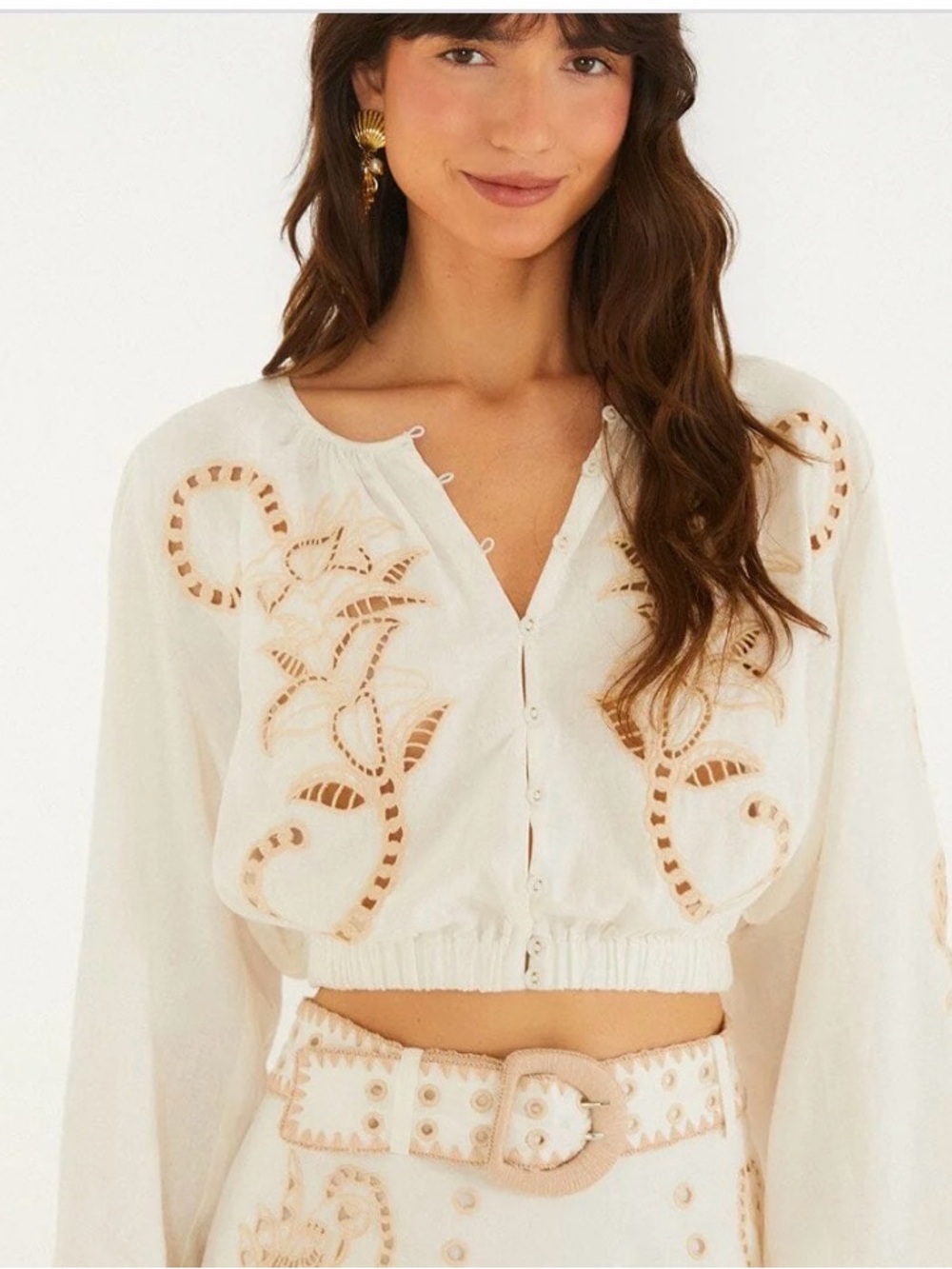 FARM Rio Cream Eyelet Embroidered Cropped Blouse
